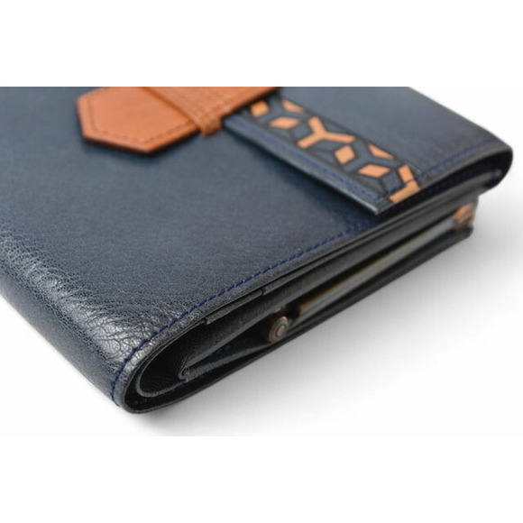 Yves Saint Laurent Tri Fold Wallet Leather YSL Navy Blue Brown - Picture 10 of 12